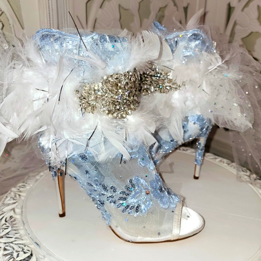 Romantic "KARA" Something Blue Feather Crystal Ankle Boots